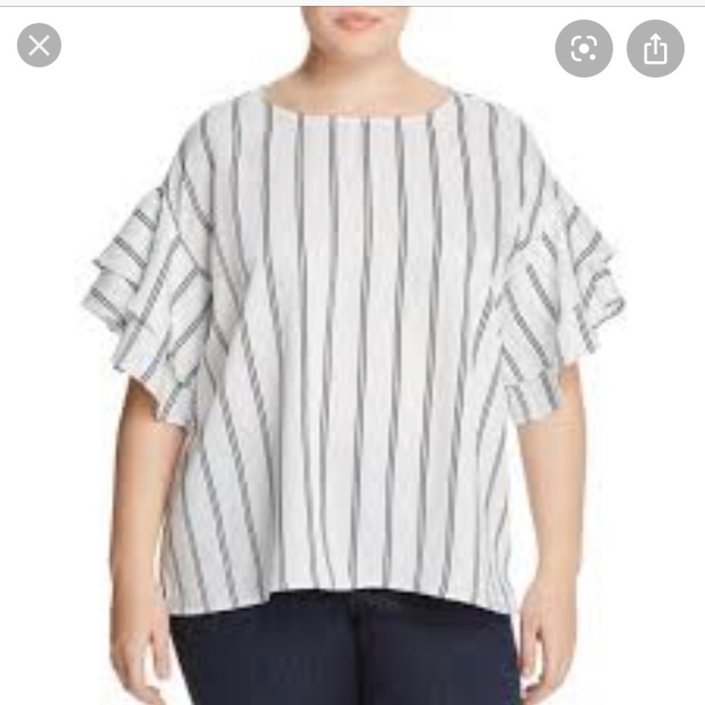 Vince Camuto ivory and blue ruffle blouse